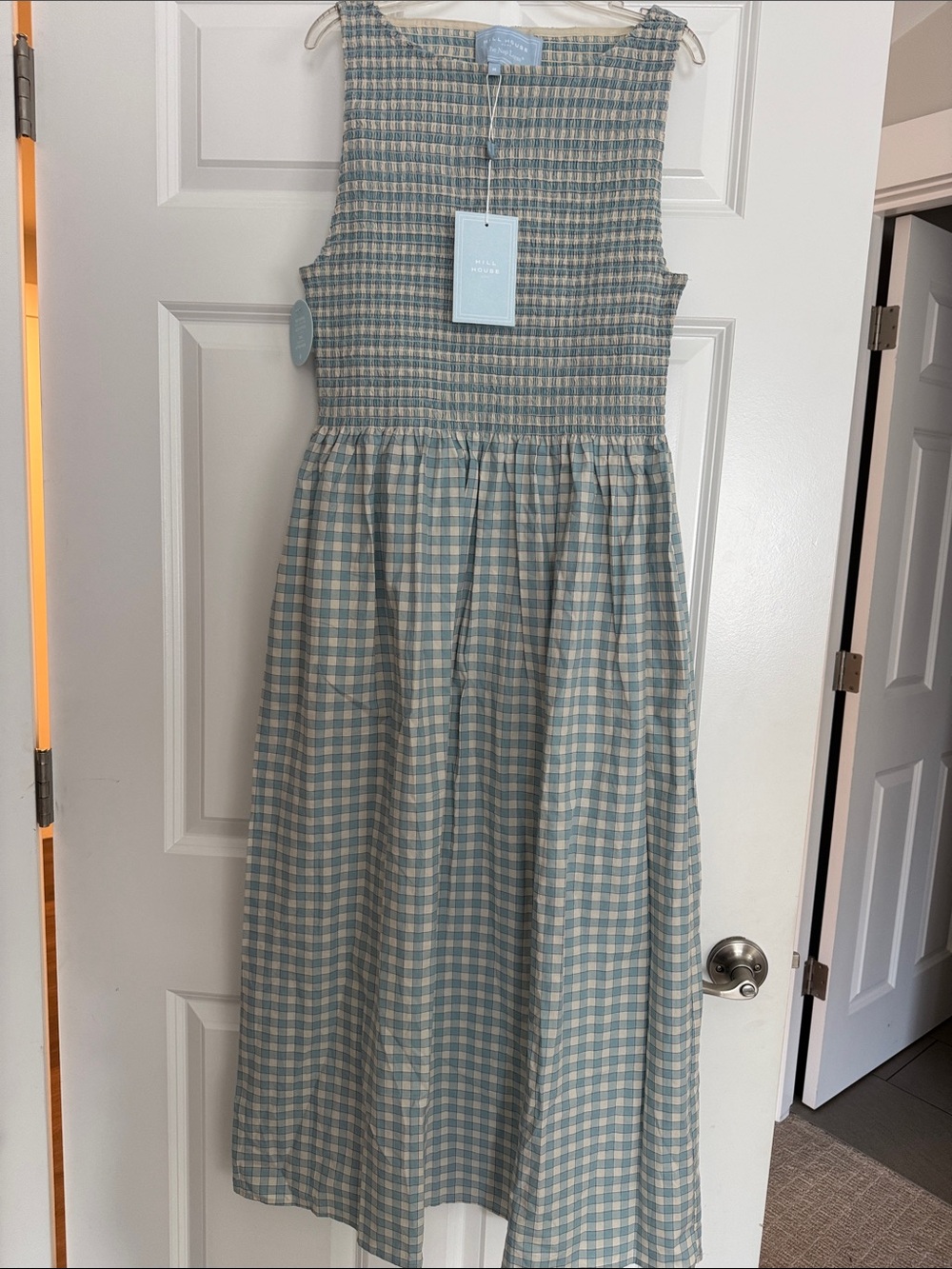 Hill House Smocked Gingham Maxi Dress — Light Blue & Cream